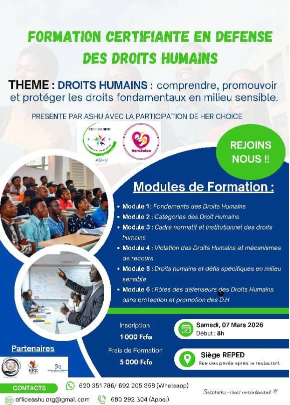 Affiche – Formation certifiante en défense des droits humains, 07 mars 2026